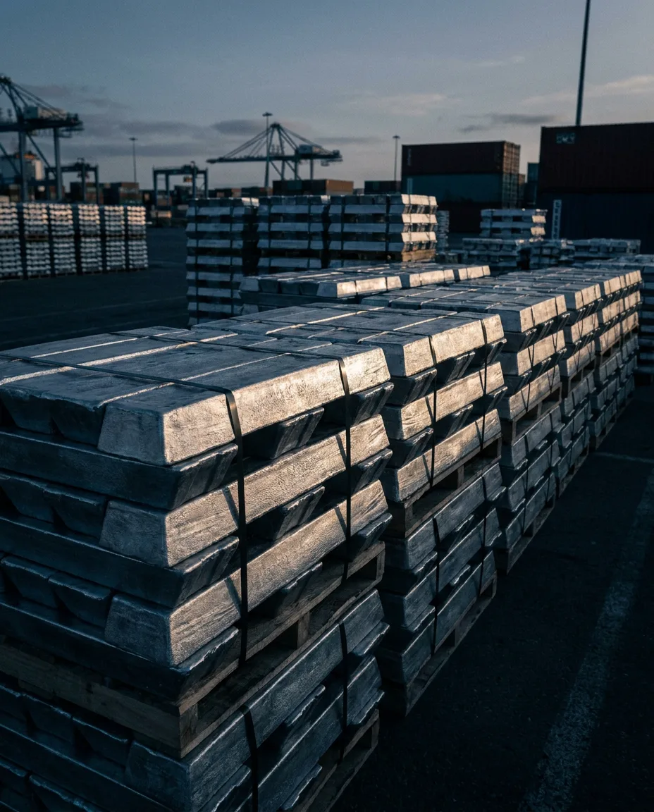 Stacked aluminum ingots at a port storage yard